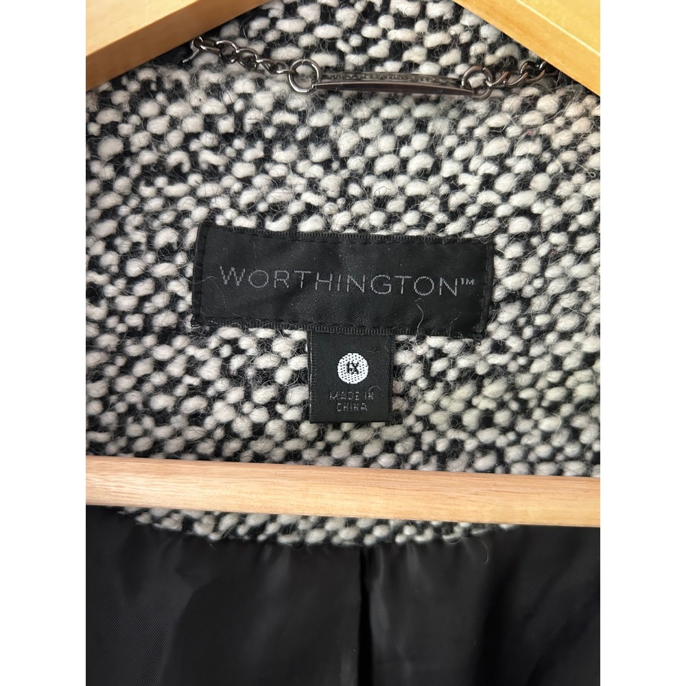 Worthington Womens 1X Black White Boucle Funnel Neck Belted Trench Coat Jacket - Picture 13 of 15